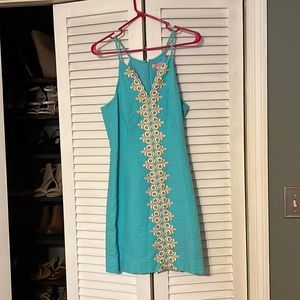 Lily Pulitzer dress in aqua and gold